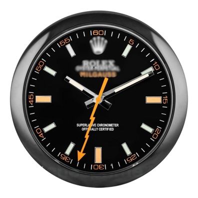 Wanduhr Rolex Milgauss Schwarz Orange Zifferblatt Oyster Perpetual Dealer Display