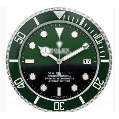 Wanduhr Rolex Submariner Deepsea Hulk Grün Zifferblatt Stahl Dealer Display 34cm