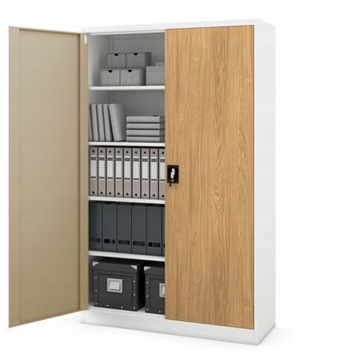 JAN NOWAK Breiter Loft-Büroschrank für Akten JAN II Weiß / Gold-Eiche
