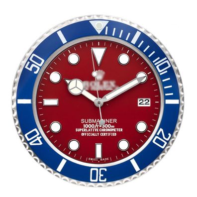 Wanduhr Rolex Submariner Blau Rotes Zifferblatt Stahl Dealer Display 34cm Oyster