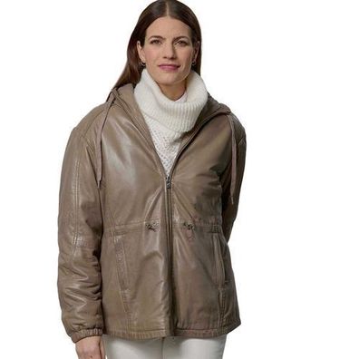 Jilani Collection - Damen Lederjacke Lammnappa Kapuze Oversize dark sand