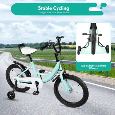 16inch Wheel Children Bicycle Green Carbon Steel Frame Dual Brakes Adjustable Height