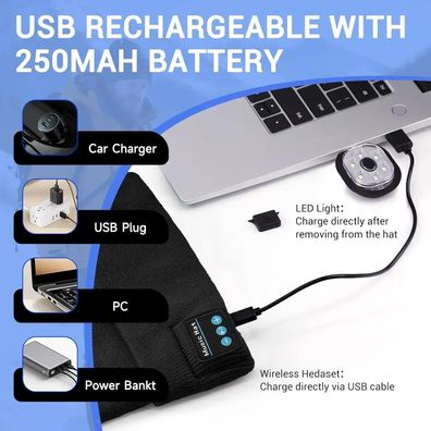 LED Beanie with Light, USB Rechargeable Adjustable Brightness Headlamp Beanie, Winter