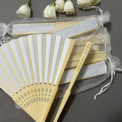 Personalized Engraved White Folding Paper Fan with Gift Bag
