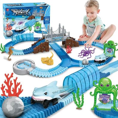 VATOS Shark Race Car Toy - Bendable Flexible Racetrack, Ocean Train, STEM Educate Set