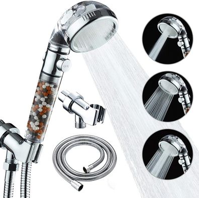 Water-saving shower head with mineral stones, shower head with 3 water jet settings,