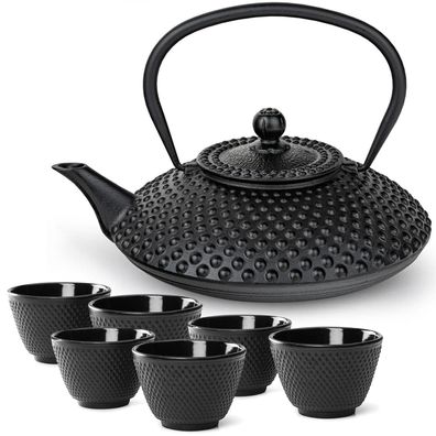 Bredemeijer Teekanne Gusseisen 1.25 L Kanne im Set schwarz Induktion 6 Teebecher