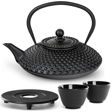 Bredemeijer Kanne Gusseisen 1.25 L Induktion Teekanne schwarz 2 Becher Untersatz