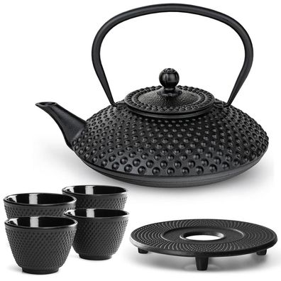 Bredemeijer Kanne Gusseisen 1.25 L Induktion Teekanne schwarz 4 Becher Untersatz