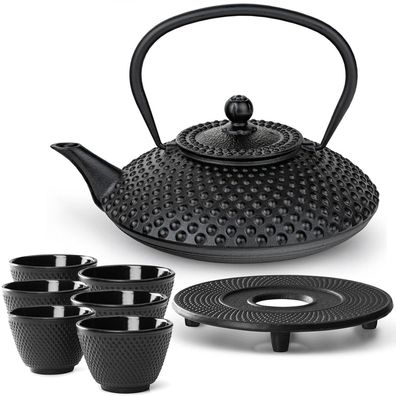 Bredemeijer Kanne Gusseisen 1.25 L Induktion Teekanne schwarz 6 Becher Untersatz