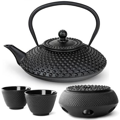 Bredemeijer Teekanne Gusseisen Set 1.25 Liter schwarz Kanne Stövchen 2 Teebecher