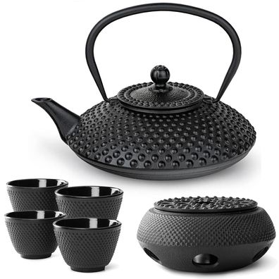 Bredemeijer Teekanne Gusseisen Set 1.25 Liter schwarz Kanne Stövchen 4 Teebecher