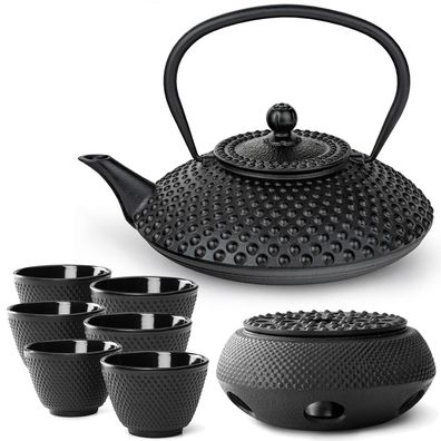 Bredemeijer Teekanne Gusseisen Set 1.25 Liter schwarz Kanne Stövchen 6 Teebecher