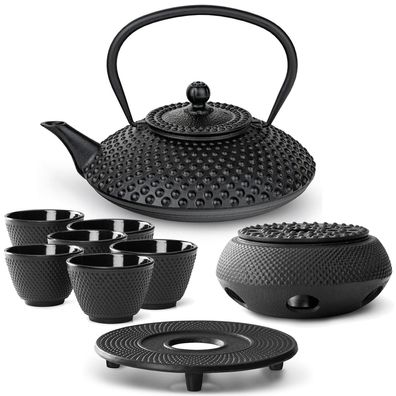 Bredemeijer Teekanne Set Gusseisen 1.25 L schwarz 6 Becher Untersetzer Stövchen