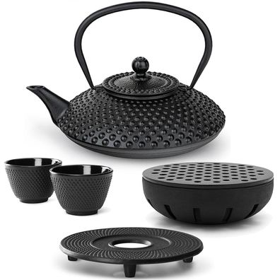 Bredemeijer Teekanne Gusseisen 1.25 L schwarz Set 2 Becher Untersetzer Teewärmer