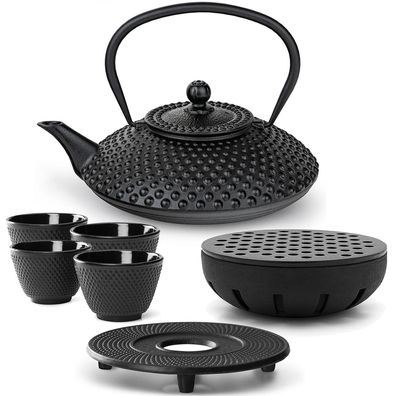 Bredemeijer Teekanne Gusseisen 1.25 L schwarz Set 4 Becher Untersetzer Teewärmer