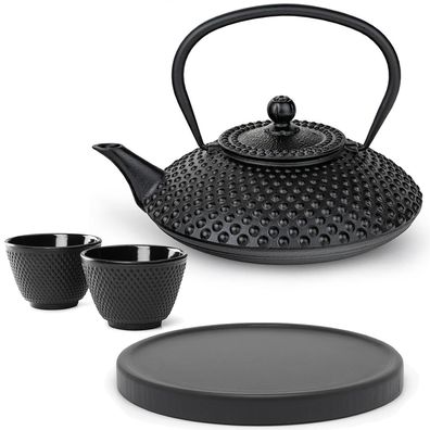 Bredemeijer Teekanne 1.25 L Gusseisen schwarz Kanne Set 2 Becher Holzuntersetzer