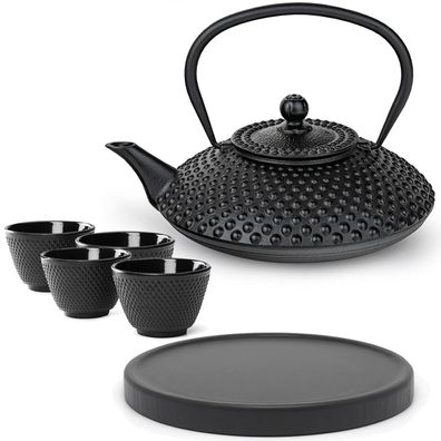 Bredemeijer Teekanne 1.25 L Gusseisen schwarz Kanne Set 4 Becher Holzuntersetzer