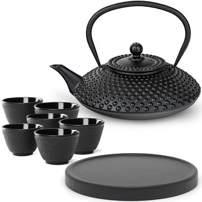 Bredemeijer Teekanne 1.25 L Gusseisen schwarz Kanne Set 6 Becher Holzuntersetzer