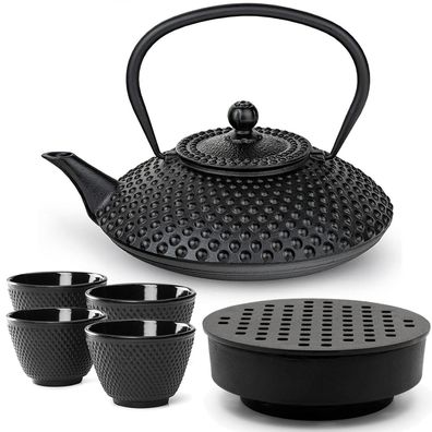 Bredemeijer Teekanne Set Gusseisen 1.25 L schwarz Kanne 4 Teebecher & Teewärmer