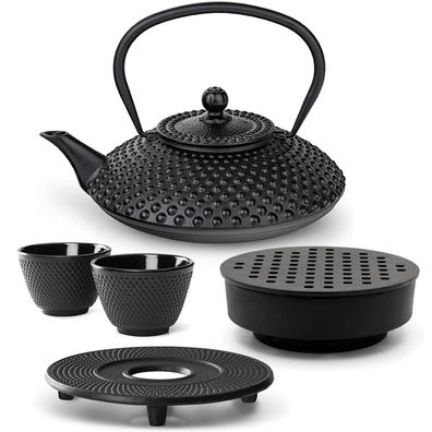 Bredemeijer Teekanne Set Gusseisen 1.25 L schwarz Teewärmer 2 Becher Untersetzer