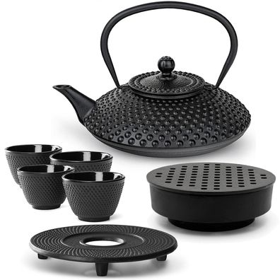 Bredemeijer Teekanne Set Gusseisen 1.25 L schwarz Teewärmer 4 Becher Untersetzer