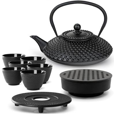 Bredemeijer Teekanne Set Gusseisen 1.25 L schwarz Teewärmer 6 Becher Untersetzer