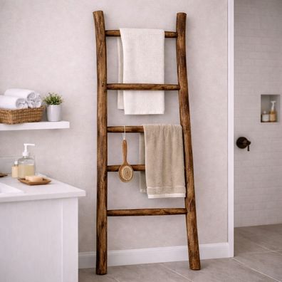 Teak Deko-Leiter geflammt KEPALA ca. H150cm Handtuchhalter Kleiderständer Regal