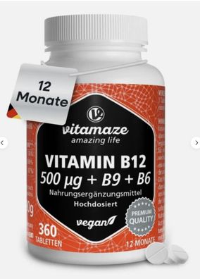 Vitamin B12 500 mcg + Folsäure & B6-Der tägliche Energie & Nervenkraft-Komplex