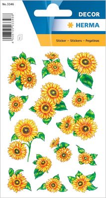 HERMA 3346 Aufkleber Sonnenblumen Glitzer klein, 28 Stück, Blumen Sticker mit Pflanze