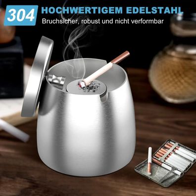 Ashtray with lid, stainless steel ashtray for outdoor use, stormproof ashtray, standi