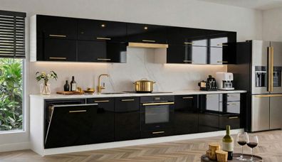 Küchenzeile Emma 340 cm DW MDF Schwarz Hochglanz- Küche 3,4m, mit Arbeitsplatte