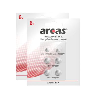 2x Arcas Alkaline Knopfzellenset 6-tlg 1x AG3 1x AG4 2x AG10 2x AG13 LR44