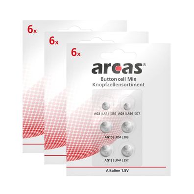 3x Arcas Alkaline Knopfzellenset 6-tlg 1x AG3 1x AG4 2x AG10 2x AG13 LR44