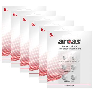 6x Arcas Alkaline Knopfzellenset 6-tlg 1x AG3 1x AG4 2x AG10 2x AG13 LR44