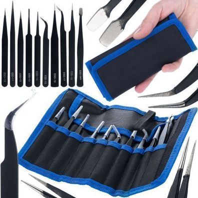 Rosfix Set Präzisionspinzetten ESD – 10 Stück im Etui | Antisäure Stahl