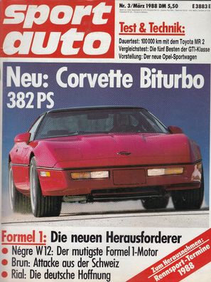 sport auto 3/ 1988, Corvette Biturbo, GTI, Opel, Formel 1 , Ferrari, Rallye