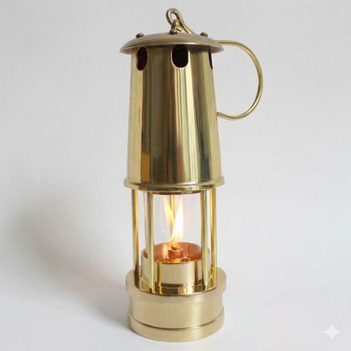 Petroleumlaterne Grubenlampe, Messing poliert, Höhe 23 cm, Leuchtdauer ca. 10 Std