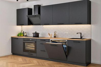 Küchenzeile Axis 290 cm DW Schwarz Matt- Küche, Küchenblock 2,9m, Einbauküche