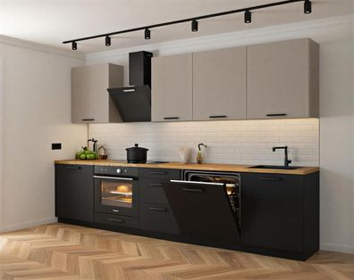 Küchenzeile Axis 290 cm DW Kaschmir, Schwarz Matt- Einbauküche 2,9m
