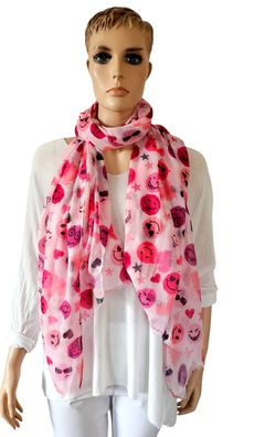 XXL Schal Halstuch Scarf Stola 100 % Viskose Smileyprint Sterne Herzen Rosa/Pink