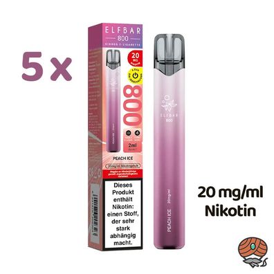ELFBAR E-Shisha PEACH ICE 5x * 20mg/ml Nikotin* 800 Züge, Einweg-E-Zigarette