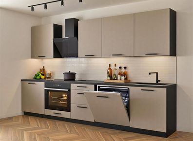 Küchenzeile Axis 290 cm DW Kaschmir/Schwarz Matt- Küche 2,9m, Einbauküche