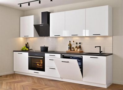 Küchenzeile Axis 290cm DW Weiß Hochglanz, Matt- Küche 2,9m