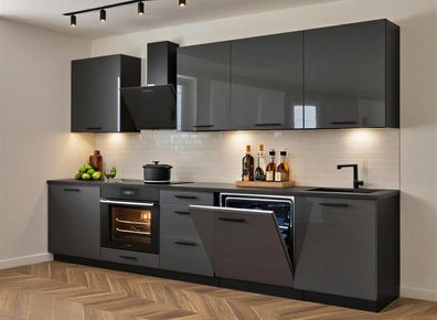 Einbauküche Axis 290cm DW Grau Hochglanz, Schwarz Matt 2,9m