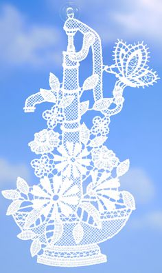 Fensterbild Weiß Plauener Spitze Fensterdekoration Sommer Pumpe Blumen 27 cm