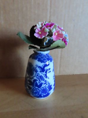 kleine Vase Ballonvase weiß Blau Blumen Vögel ca. 6,4 cm H