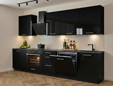 Küchenzeile Axis 290 cm DW Schwarz Hochglanz, Matt- Küche 2,9m