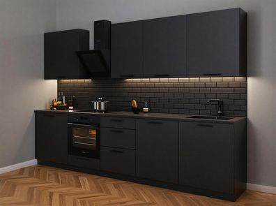 Küchenzeile Axis 290 cm Schwarz Matt- Küche, Küchenblock 2,9m, Einbauküche