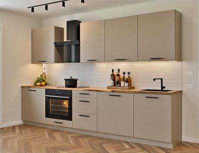 Küchenzeile Axis 290 cm Kaschmir Matt- Küche, Küchenblock 2,9m, Einbauküche